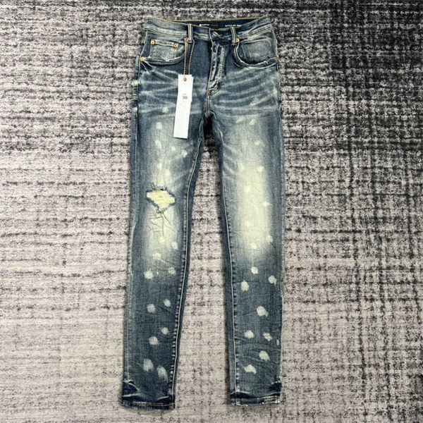 

mens jeans purple designer designer pant mens slim fit elastic embroidery fashion jean style cat whisker whitening men's broken hole474, Blue