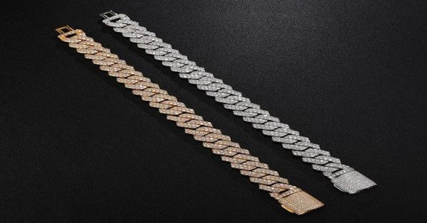 

hip hop 10mm 12mm 14mm 2row cuban prong chain bling iced out box buckle copper cubic zirconia bracelet for men jewelry link9326286, Black