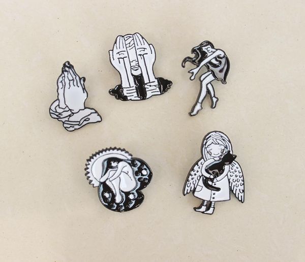 

new black white little girl with wings cat dancing girl brooch eyes bleeding enamel cartoon character pin denim clothes lapel pend8328718, Gray