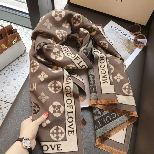 

winter versatile old flower double sided cashmere scarf air conditioning warm shawl with wool like neck, Blue;gray