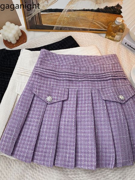 

skirts gaganight women coarse tweed high waist purple pleated short skirt autumn korean chic a line female 230715, Black