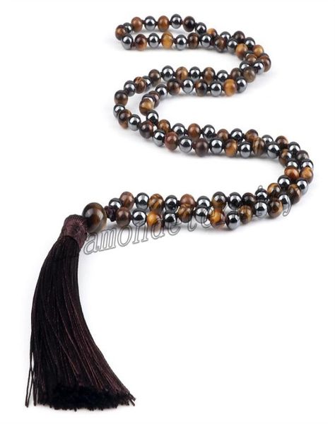 

natural stone necklace for women men tiger eye hematite 108 beads mala necklaces handmade tassel yoga jewelry gift1483787, Silver