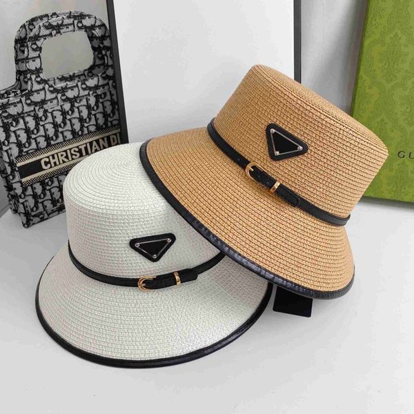 

2022 design and correct version p family inverted triangular label belt buckle large brim shading straw hat, Blue;gray