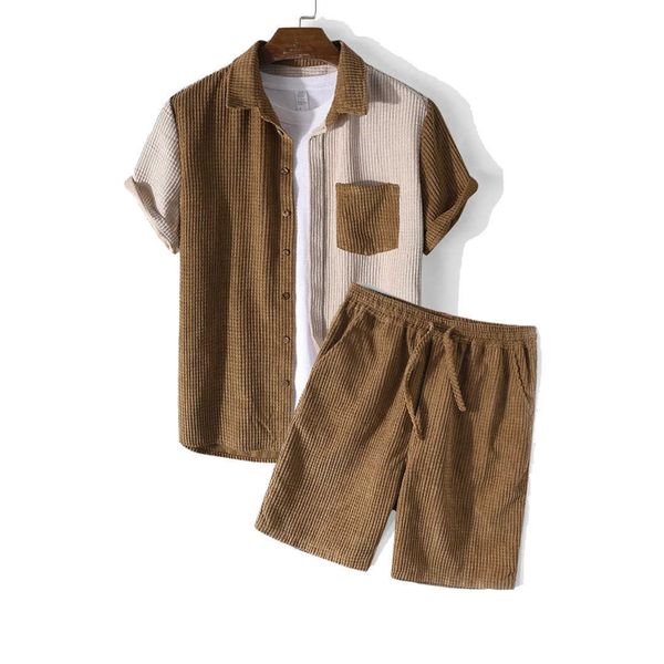 

men's casual shirts summer fashion short sleeve custom two piece casual shirts and shorts men corduroy set, White;black