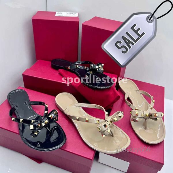 

bow women's flip-flops black quality sandals summer beach riveted slippers fashion casual flat bottom nail shoes e''ity qsr7
