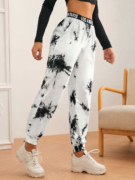 

women's letter tape waist tie sweatpants, White