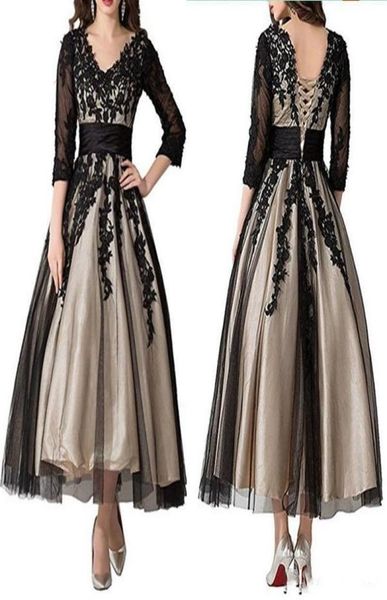 

2020 elegant mother of the bride dresses 34 long sleeves ankle length v neck lace appliques wedding party dresses evening gowns7285772, Black;red