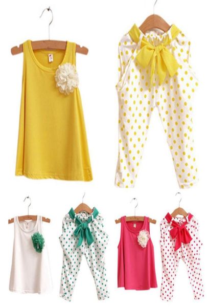 

girls casual twopiece suits leisure sleeveless sweater capri pants cute dots flower wave point printed pants leisure suit lg20173856189, White
