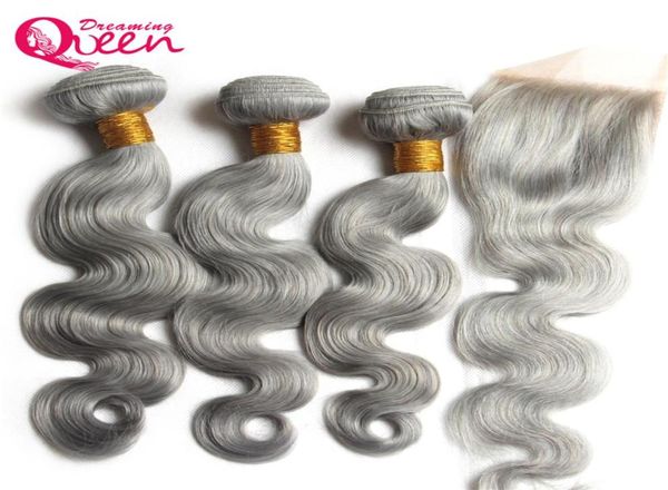 

grey color body wave ombre brazilian virgin human hair bundles weave extension 3 pcs with 4x4 lace closure dreaming queen hair4811884, Black;brown