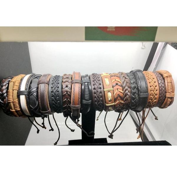 

20pcs lots vintage mens genuine leather surfer bracelet cuff wristband fashion jewelry gift mixed style bracelet bvh4h8801292, Golden;silver