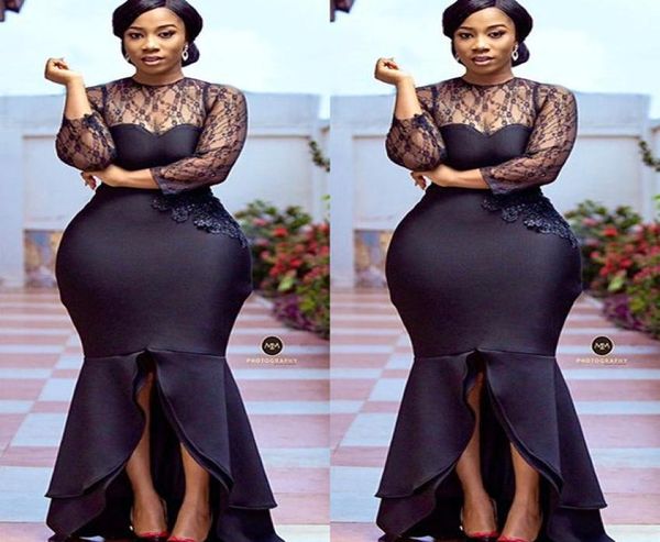 

2021 plus size arabic aso ebi mermaid black prom dresses sheer neck long sleeves evening formal party second reception brides4810416