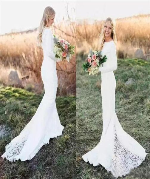 

country style satin mermaid wedding dresses modest lace appliqued with long sleeves court train muslim wedding bridal gowns2115889, White