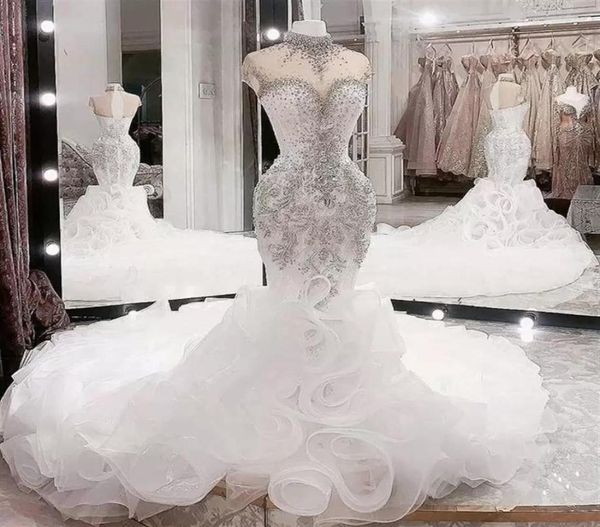 

plus size arabic beaded crystals mermaid wedding dresses aso ebi luxurious 2023 high neck bridal cascading ruffles skirts chapel t2378523, White