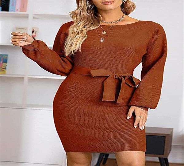 

autumn winter ladies knitted flare sleeve casual dress solid color offshoulder closefitting oneck pullover middle waist women s9759911, Black;gray
