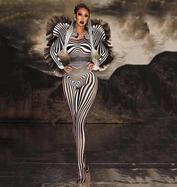 

fashion zebra pattern jumpsuit women singer stage outfit bar ds dance cosplay bodysuit performance show costume 2203225022461, Black;white