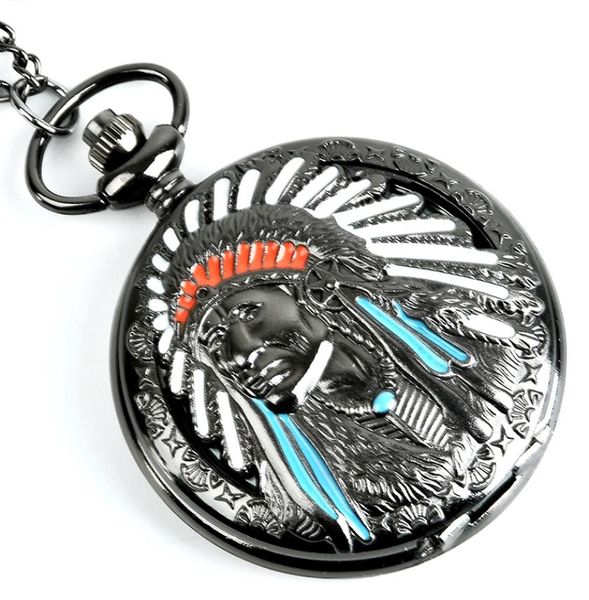 

3d tribal leather justice quartz pocket watch indian head engrave flip necklace chain clock men watches fob chain male reloj de bo6252013, Slivery;golden