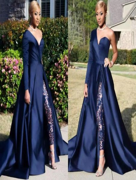 

2018 modest blue jumpsuits with detachable skirt two pieces evening dresses one shoulder side slit pantsuit celebrity gowns party 8449032, Black;red