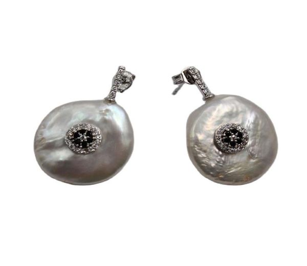 

guaiguai jewelry natural 22mm big white coin keshi pearl earrings cz pave stud handmade for women5796543, Silver
