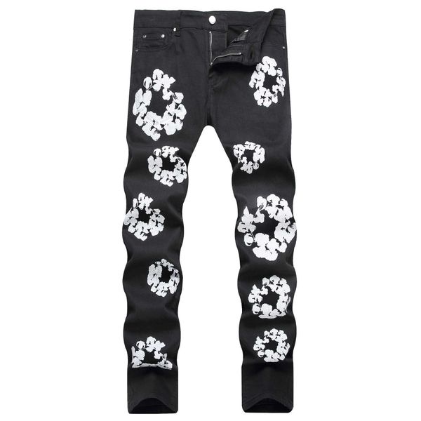 

men's jeans 2023 summer new black printed elastic slim fit small feet mid waist casual pants, Blue