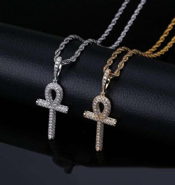 

hip hop anhur cross diamonds pendant necklaces for men women luxury crystal gold silver pendants 18k gold plated ankh chain neckla7639099