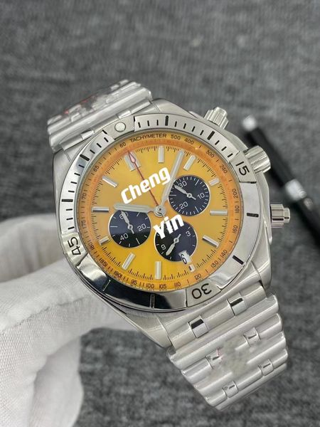 

casual men's 42mm watch multifunctional chronograph quartz watch ceramic bezel stainless steel strap fashion wristwatch, Slivery;brown