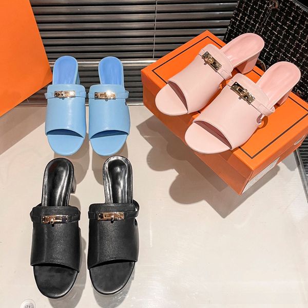 

one and a half line slippers for senior designers to wear on the outside. 2023 new fashion metal with lasting charm, thick high heels sandal, Black