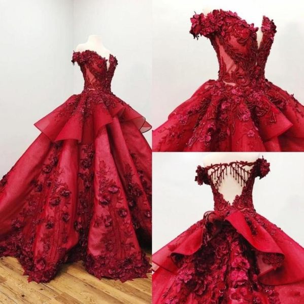 

dark red quinceanera dresses off the shoulder 3d floral appliqued beads ball gown girls pageant gowns formal prom dress sweep trai7283707, Blue;red