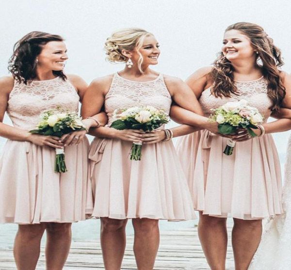

light pink short bridesmaid dresses vintage lace jewel neck sleeveless knee length chiffon 2019 summer beach maid of honor dress p1207784, White;pink