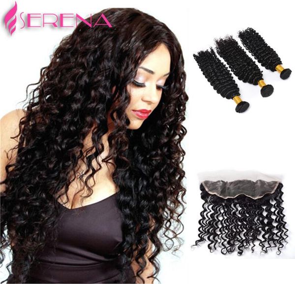 

7a unprocessed virgin hair with closure lace frontal with bundles raw indian virgin hair with closure deep wave lace frontal8530362, Black;brown