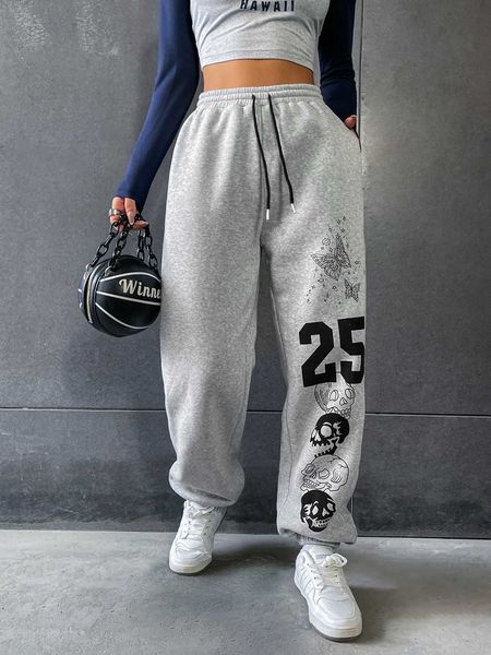 

women's skull and letter graphic drawstring waist sweatpants, White
