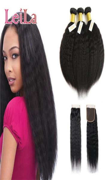 

malaysian kinky straight hair 3 bundle with closure virgin hair 100 unprocessed human hair italian coarse yaki with 4x4 clos5601024, Black;brown