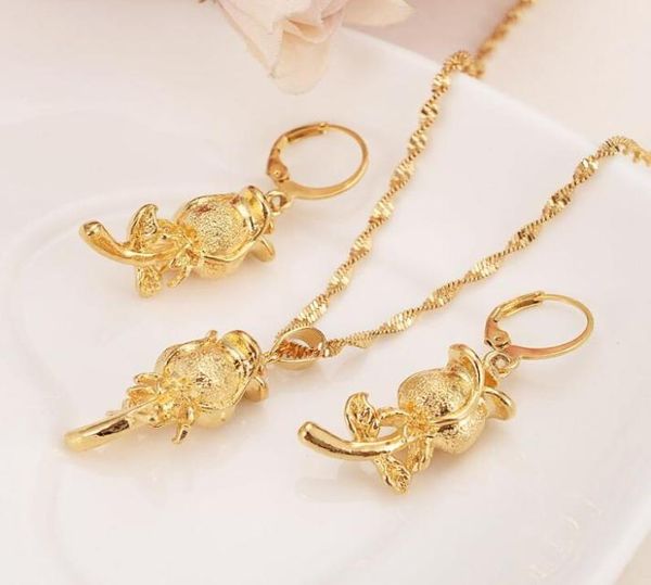 

christmas 24k yellow solid fine gold gf root flower rose bridal jewelry set women pendant earrings girls charm party gift new4332534, Silver