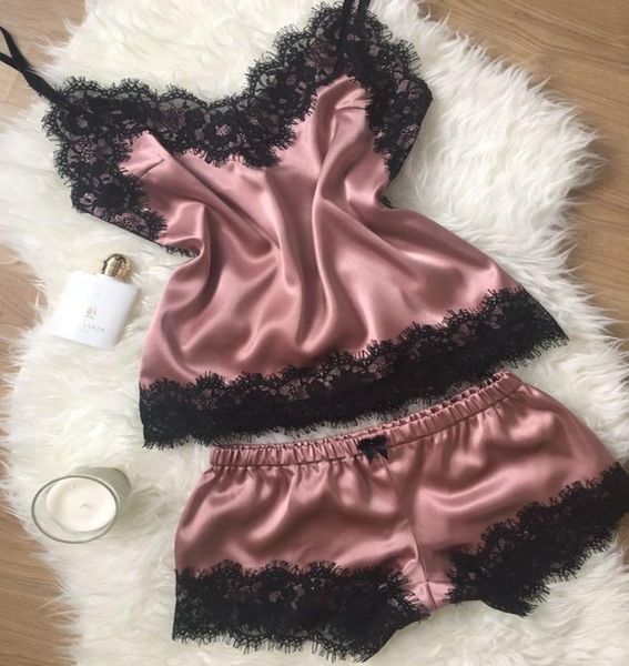 

new pijamas women summer nighty camisole bow shorts slingerie femme velvet pajamas satin sleepwear lingerie set4244058, Black;red
