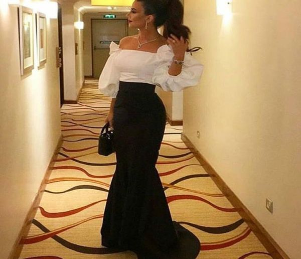 

black and white evening dresses off the shoulder puffy 34long sleeves floor length mermaid prom gowns6670702, Black;red