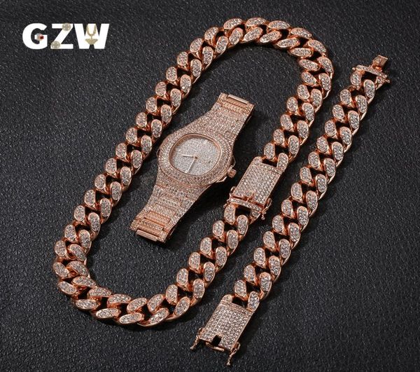 

new fashion personalized 20mm gold blingbling mens cuban link chain necklace bracelet watch set hip hop rapper jewelry gifts for m5933383, Silver