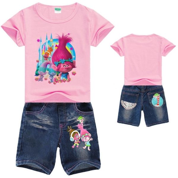 

trolls girls clothing set summer cotton clothing sets for girls tshirt jeans toddler girls clothes suit children clothing y20082323094, White
