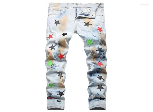 

men039s jeans fashion designer ripped with patches mens painted distressed denim trousers straight fit pants holes big size 288983060, Blue