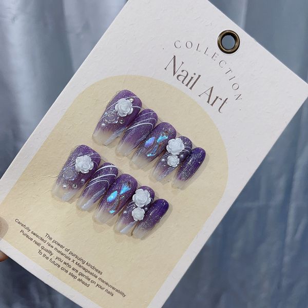 

false nails handmade purple camellia hybrid fake romantic press on nails - lovely and dreamy art in emmabeauty store no.em1957 230715, Red;gold