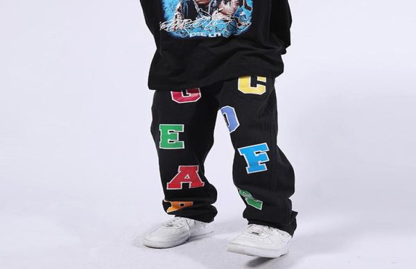 

high street letter printed jeans male straight loose oversize casual denim trousers couple hip hop jean pants60409339449882, Blue