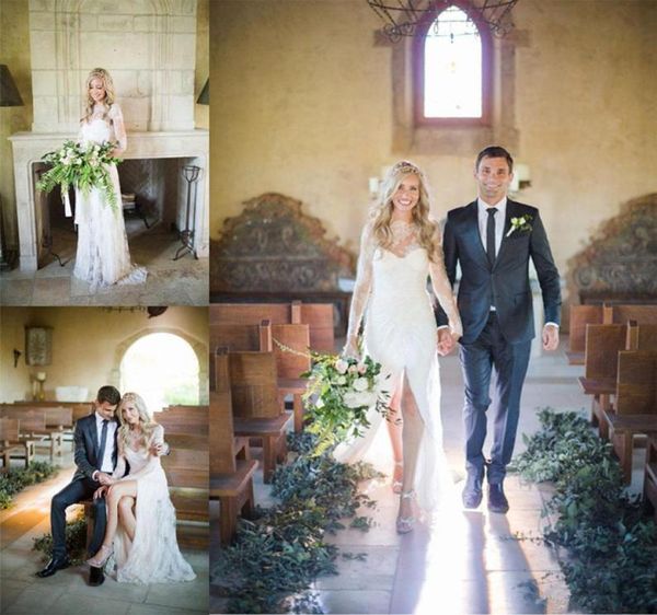 

lace bohemian sheath wedding dresses ivory 2019 custom made long sleeves front slit vintage sheer high neck bridal gowns swe3199558, White