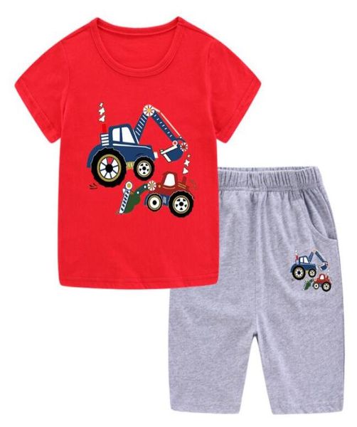 

new children039s tshirt set with boy039s cartoon digger design and shortsleeved summer cotton breathable clothing twopiec3466121, White