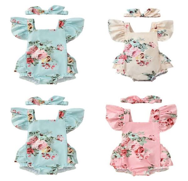 

retailwhole baby girls floral romper with bow headband 3 colors newborn infant kids fly sleeve princess onepiece onesies jum7312951, Blue