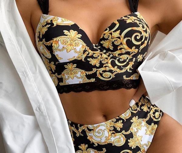 

woman lace strap bikini high waist swimming suit vintage pattern print bikini summer beach women bikini9179415