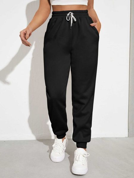 

women's solid drawstring waist slant pocket sweatpants, White