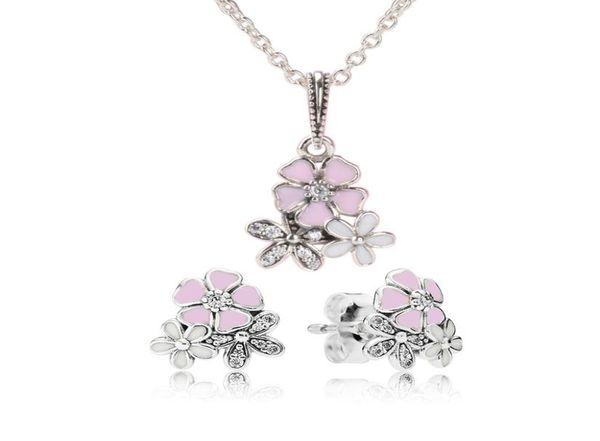 

authentic 925 sterling silver pink enamel flower pendant necklace earring set with box for jewelry womens earrings8647333