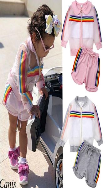 

kid clothing set suit rainbow stripe transparent coat vest shorts 3 pcs girl sun protective outfit summer clothes6724037, White