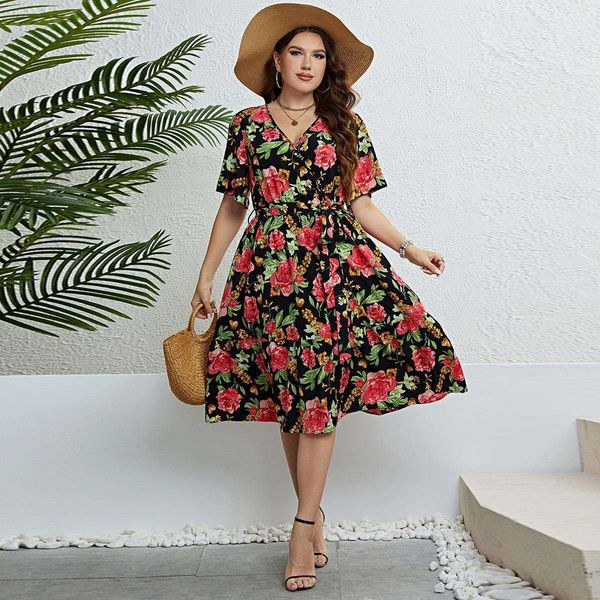 

development summer rose v neck waist controlled slimming dress, Black;gray