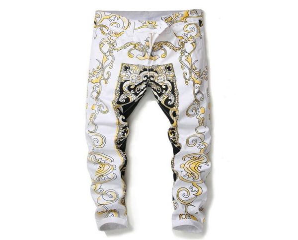 

sokotoo men039s slim print jeans fashion flower straight white denim pants long trousers3106728, Blue