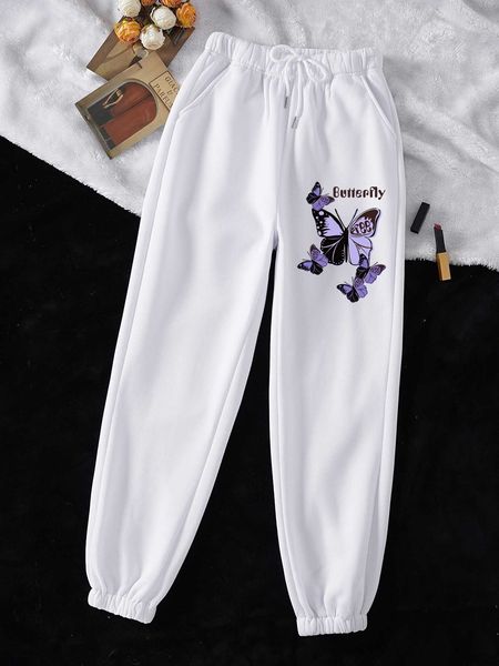 

women's butterfly letter graphic drawstring waist sweatpants, White