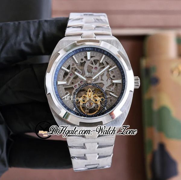 

new overseas tourbillon 6000v/110t-b935 skeleton dial automatic mens watch 6000v stick markers blue inner stainless steel bracelet gents wat, Slivery;brown